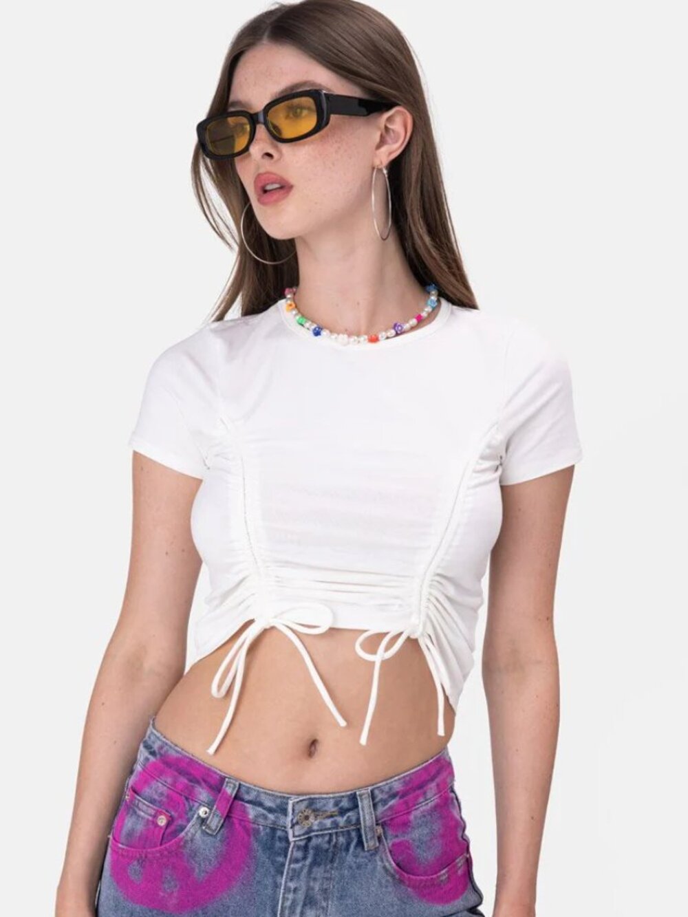 🤍 Adika White Ruched Tie Front Fitted Crop Top Cotton T-Shirt Small